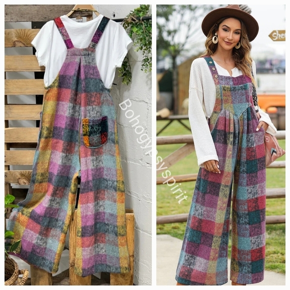 Patchwork Plaid Fleece Wideleg Jumpsuit Overalls - Picture 11 of 17